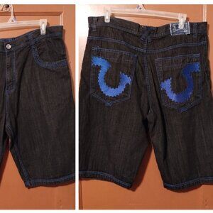 VINTAG BLACK NYUS Jean Shorts Embroidered Skater Hip Hop Baggy Denim Jorts SZ 42